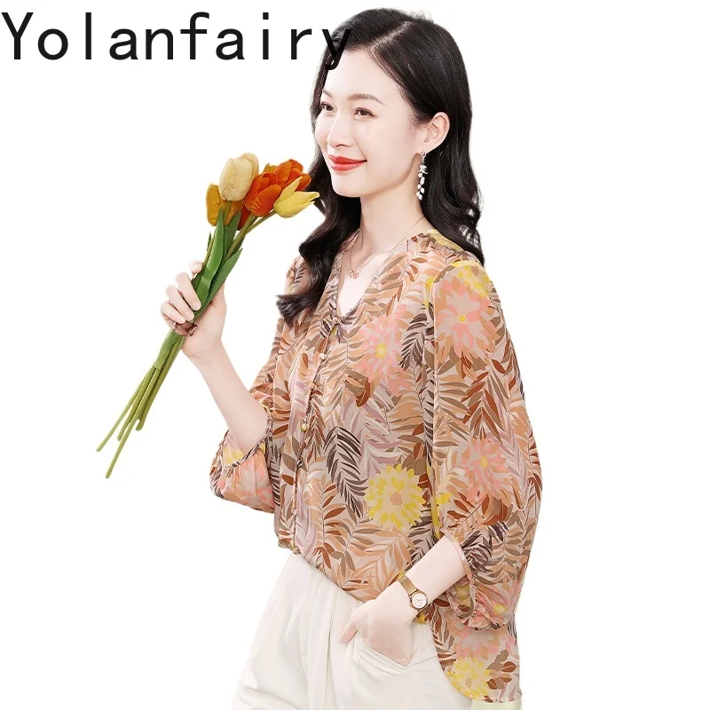 YOLANFAIRY 100% Natural Mulberry Silk Shirts for Woman Summer Light Luxury Loose Printed Women Shirt Tops V-neck T Shirts Female - AliExpress Shirts & Blouses