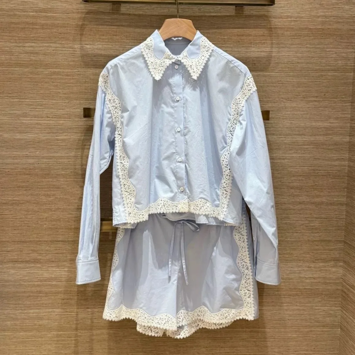 Spring Summer 2026 Pure Cotton Long Sleeve Shirt with Lace Hollow out Design Square Collar Top And Shorts for Women - AliExpress Shirts & Blouses