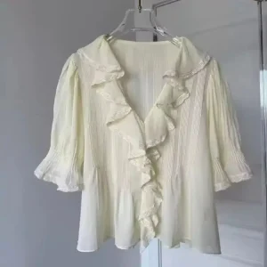 100% Cotton Women's Lace Spliced Shirt Ruffles Stitching V-Neck Single Breasted Puff Sleeve Blouse Top - AliExpress Shirts & Blouses