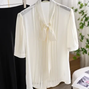 Silk Chiffon Bubble Sleeve Women's Shirt V-neck Short Sleeve Original Design Straight Cut Lightweight Summer Silk Blouse - AliExpress Shirts & Blouses