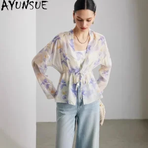 AYUNSUE 100% Mulberry Silk Women's Blouses and Shirts Printed Two-piece Set Long Sleeve Tops for Woman Woman Clothes Ropa Mujer - AliExpress Shirts & Blouses