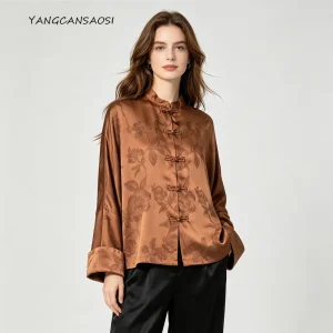 Women's Autumn Fashion Clothing 45MM 100% Natural Mulberry Silk Gambiered Guangdong Gauze Stand Collar Long Sleeve Shirt - AliExpress Shirts & Blouses