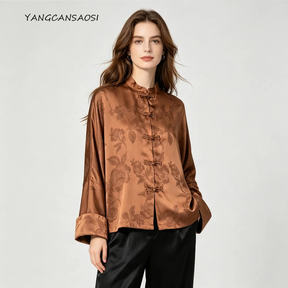 Women's Autumn Fashion Clothing 45MM 100% Natural Mulberry Silk Gambiered Guangdong Gauze Stand Collar Long Sleeve Shirt - AliExpress Shirts & Blouses