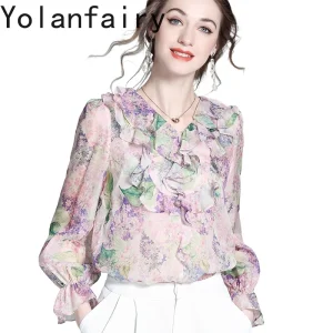 YOLANFAIRY Elegant Ruffle Blouse Women's Clothing Vintage Shirts Dames Beautiful 100% Mulberry Silk Floral Blouses Woman Tops - AliExpress Shirts & Blouses