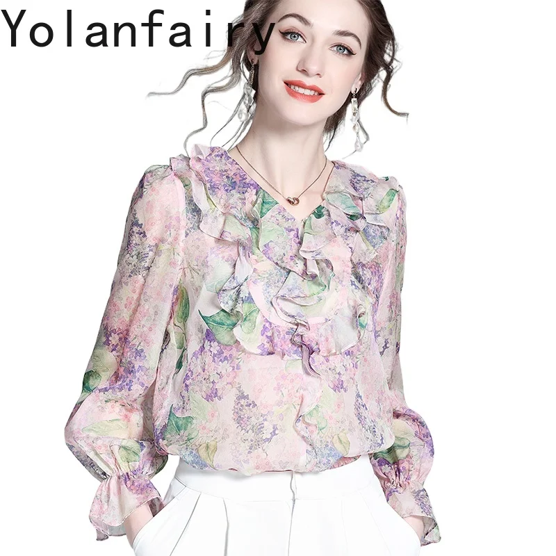YOLANFAIRY Elegant Ruffle Blouse Women's Clothing Vintage Shirts Dames Beautiful 100% Mulberry Silk Floral Blouses Woman Tops - AliExpress Shirts & Blouses