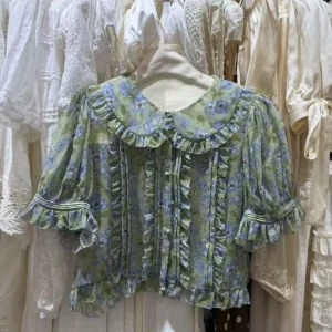 Women 100% Silk Retro Green Shirt Flower Print Ruffles Spliced Peter Pan Collar Puff Sleeve Vintage Female Blouse Top - AliExpress Shirts & Blouses