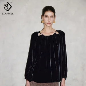 Birdtree,Base Fabric 100% Silk Velvet Blouse,Women's Hollow Full Sleeve Pullover,Elegant Loose Tops,2025 New T5D834JF - AliExpress Shirts & Blouses