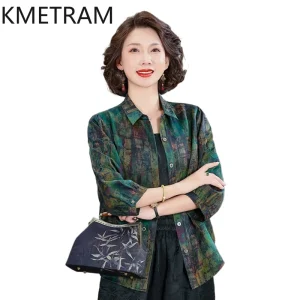 KMETRAM 100% Mulberry Silk Women Shirt 35MM Silk 2026 Spring Retro-printed Polo-neck Three Quarter Sleeve Shirts Рубашка Женская - AliExpress Shirts & Blouses