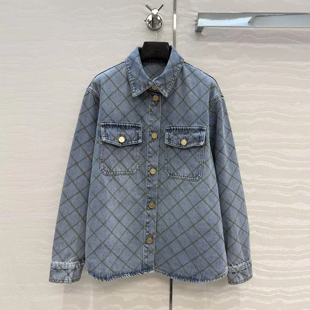 New Fashion Blue Denim Shirt Women Embroidery Argyle Pattern Lapel Long Sleeve Pockets Single Breasted Loose Vintage Chic Blouse - AliExpress Shirts & Blouses