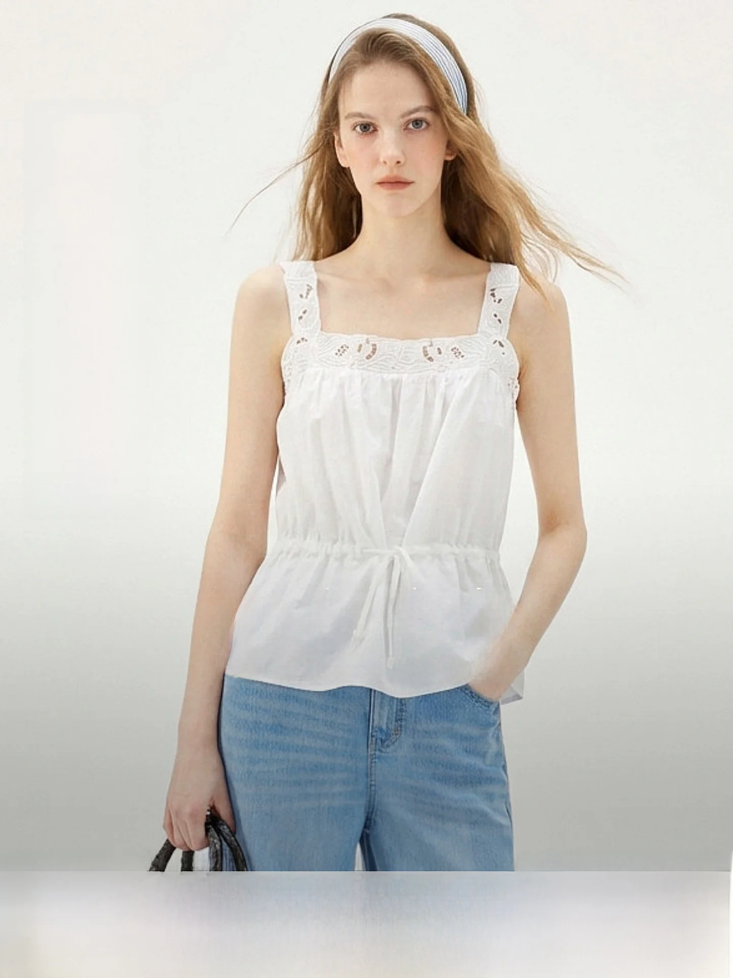 Elle White Rylee Embroidered Strap Shirt Women's Summer New Daisy Unique Embroidery Blouse Commute Style Sleeveless Square Co... - AliExpress Shirts & Blouses