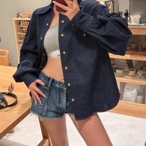 Loose Lantern Sleeve Deep Blue Shirt Collar Gold Button Simple Match Denim Jacket Women's Casual Fashion Spring Summer - AliExpress Shirts & Blouses