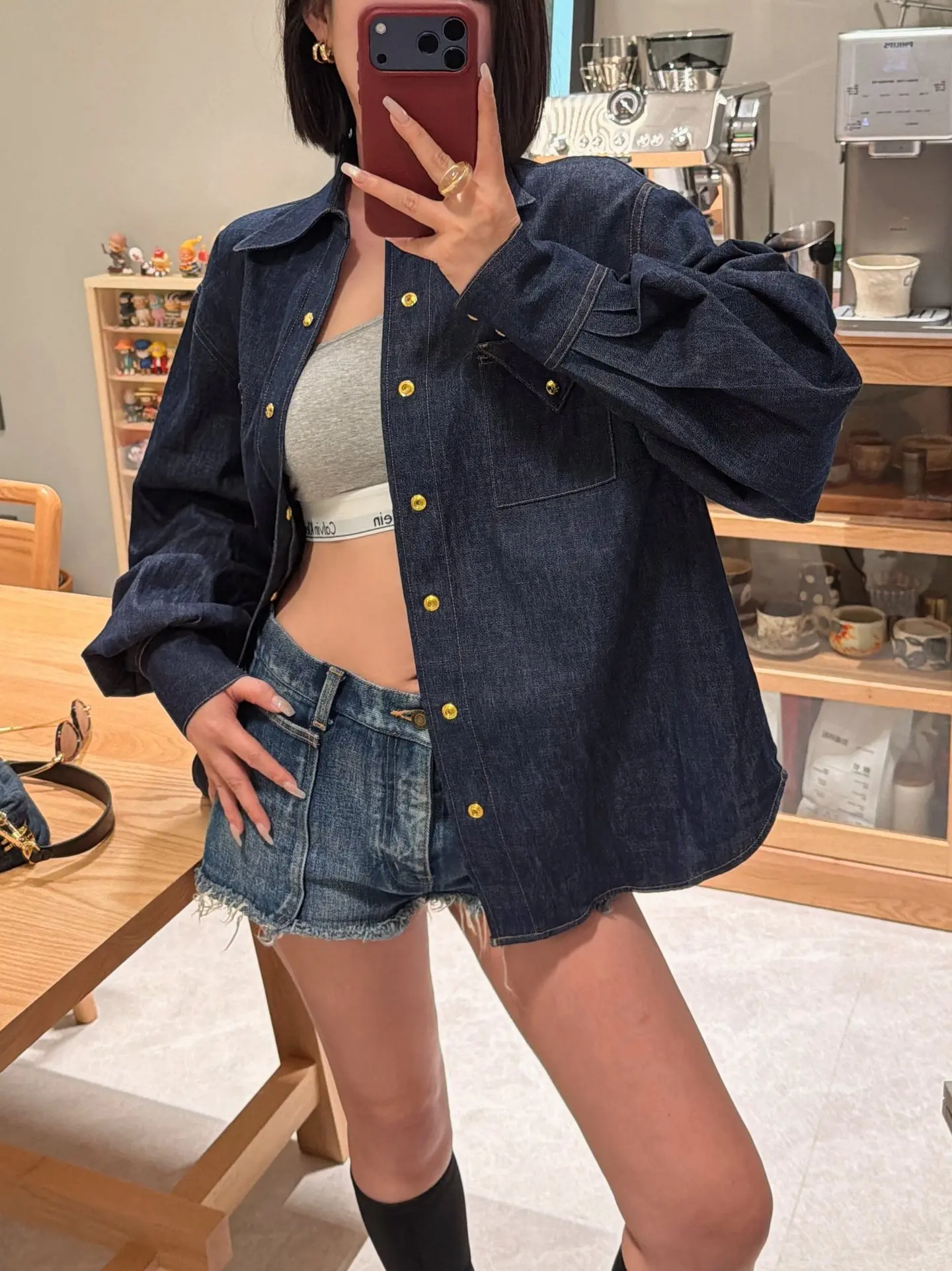 Loose Lantern Sleeve Deep Blue Shirt Collar Gold Button Simple Match Denim Jacket Women's Casual Fashion Spring Summer - AliExpress Shirts & Blouses