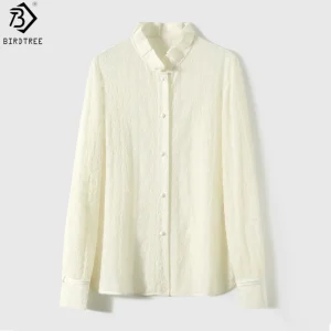 Birdtree, Wool Blended Jacquard Blouse, Full Sleeve Stand Collar Tops, Women's Elegant Lace Shirt, 2026 Autumn New T68109JF - AliExpress Shirts & Blouses