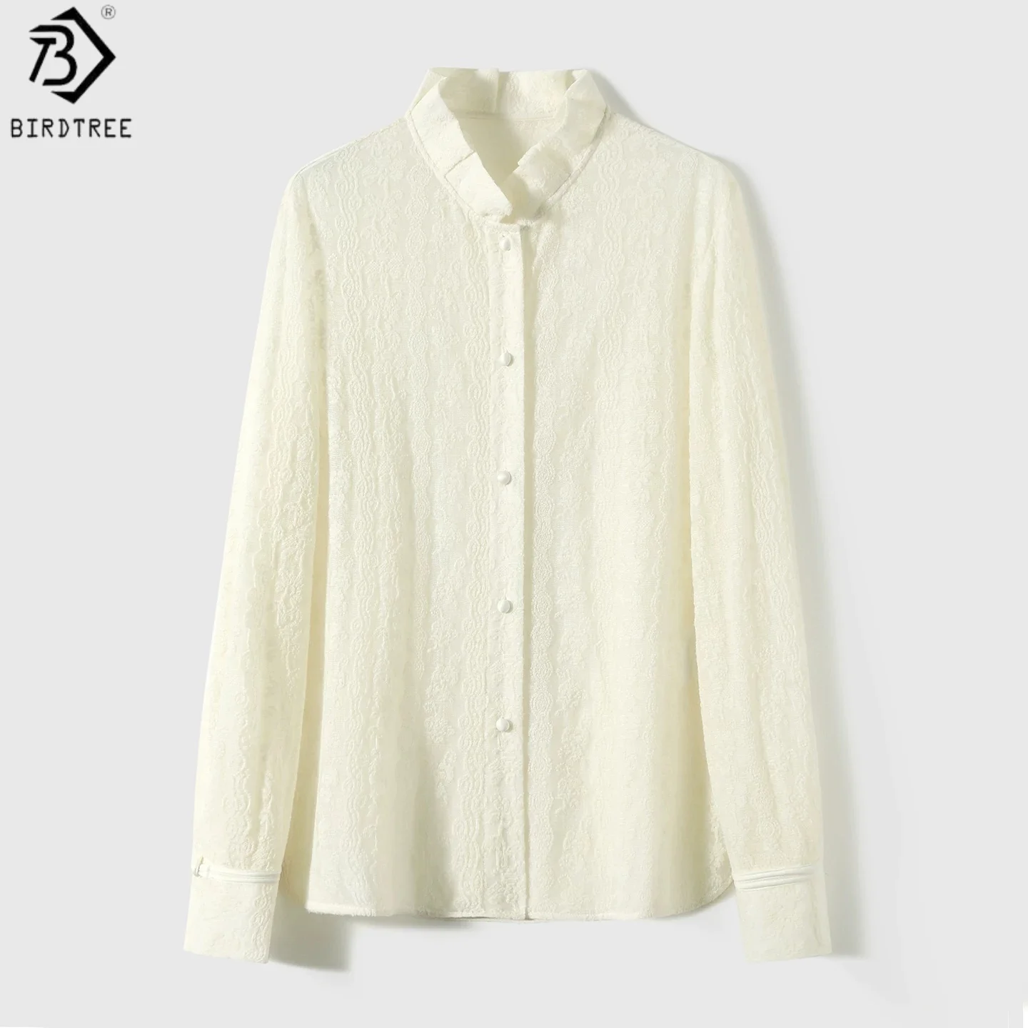 Birdtree, Wool Blended Jacquard Blouse, Full Sleeve Stand Collar Tops, Women's Elegant Lace Shirt, 2026 Autumn New T68109JF - AliExpress Shirts & Blouses