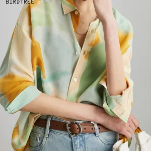 BirdTree-100%Real Silk Double Crepe Elegant Shirt, Printing, Women French Vintage Cool Loose Blouse, 2025 Summer New T64393CC - AliExpress Shirts & Blouses