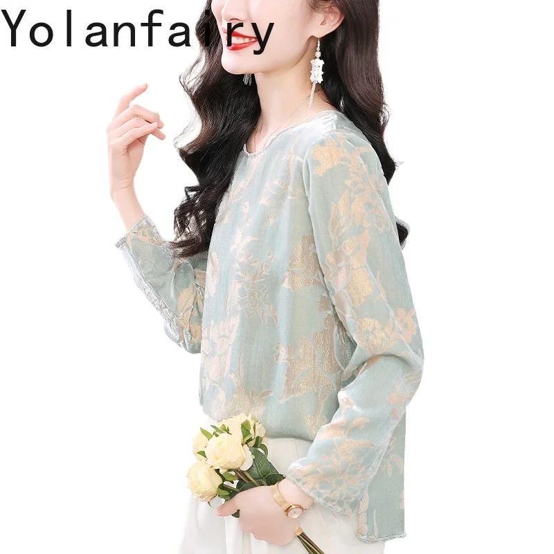 YOLANFAIRY Women's Silk Velvet Top Vintage Gold Thread Jacquard Blouses for Woman High-end Light Luxury Long Sleeve Shirts Women - AliExpress Shirts & Blouses