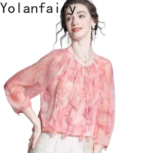 YOLANFAIRY 100% Natural Mulberry Silk Shirt for Woman Summer Womens Top Elegant Floral Blouse Ruffled Women's Blouses and Shirts - AliExpress Shirts & Blouses