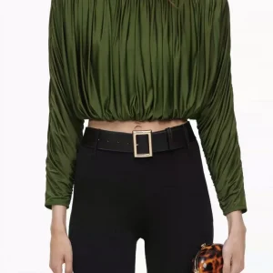 2026 Women Pleated Green Shirt Long Sleeve Round Neck Fashion Casual Blouse Top - AliExpress Shirts & Blouses