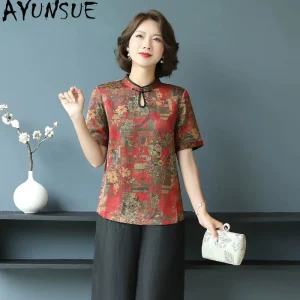 AYUNSUE 100% Real Mulberry Silk Women Tops Xiangyunsha T-shirts for Women Summer Vintage Printed Women Clothing 2026 Ropa Mujer - AliExpress Shirts & Blouses