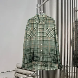 Retro Green Gradient Splatter Ink Plaid Loose Women's Shirt Slimming Casual Top Commute Style Long Sleeve Collar Cotton - AliExpress Shirts & Blouses