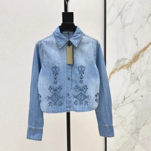 Designer Pure Cotton Denim Blouse Women Elegant Geometric Embroidery Shirt Runway Vintage Light Blue Short Jacket - AliExpress Shirts & Blouses