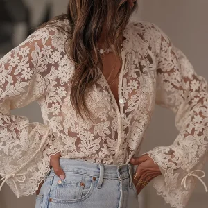 Long Sleeve Lace Shirts & Blouses for Women Sexy Hollow Out Patchwork Tops V Neck Single Breasted Loose Ladies Cardigan Shirts - AliExpress Shirts & Blouses
