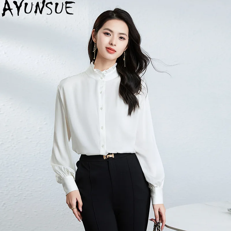 AYUNSUE 92.3% Silk Women's Blouses and Shirts Stand-up Collar Long Sleeve Tops for Woman Solid Elegant Shirt Woman Clothes 블라우스 - AliExpress Shirts & Blouses
