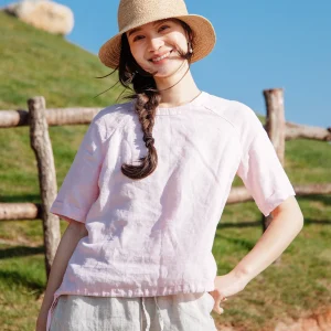 Special Blossom 302 Pink Colored Small Shirt Linen Washed round Neck Short Sleeve Women's Casual Style Loose Fit Breathable S... - AliExpress Shirts & Blouses