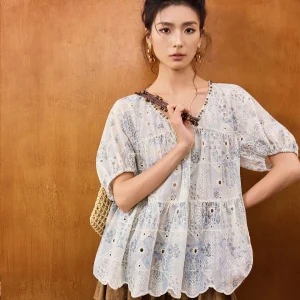 Jiancha Summer "Time " Hollow out Embroidery Loose Top Women's Casual Style Polyester Cotton Blend Ultra Thin Short Sleeve Shirt - AliExpress Shirts & Blouses