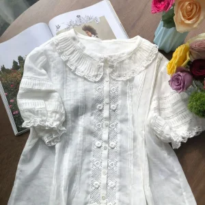 Women 100% Ramie Blouse Top Lace Embroidery Patchwork Peter Pan Collar Single Breasted Puff Sleeve Casual Female White Shirt - AliExpress Shirts & Blouses