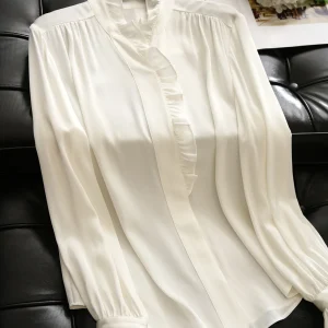 Lush Velvet Silk Shirt Women's Straight Cut Long Sleeve V-Neck Asymmetrical Hemline Earlet Decoration Breathable Spring Top - AliExpress Shirts & Blouses