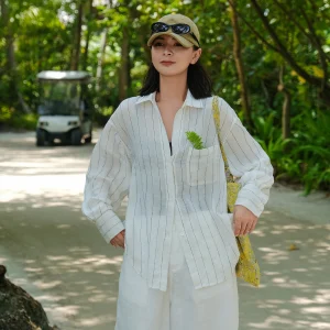 Loose Fit Linen Shirt Spring Summer New Arrival Slimming Blue Striped Texture Embroidery Artistic Holiday Style Women's Shirt - AliExpress Shirts & Blouses