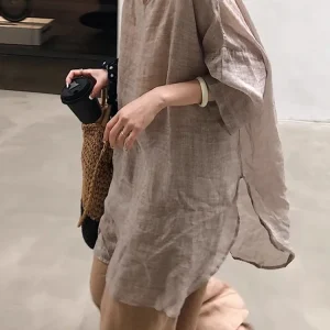 Rouje Kefss Linen Shirt Women's Summer Thin Loose Mid-Length V-Neck Casual Simple Style Short Sleeve Commute Fashion - AliExpress Shirts & Blouses