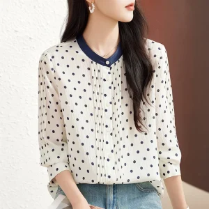 New 100% Real Silk Women's Shirt Long Sleeve Elegant Shirts Fashion Blouses Women Loose Tops Office Lady Dot Print Blouse - AliExpress Shirts & Blouses