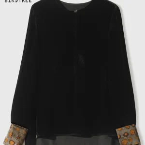 BirdTree-17.8%Silk 82.2%Viscose Elegant Velvet Shirt, Cuff Watered Gauze, Women Vintage Commute Blouse, 2026 Spring New T63137CC - AliExpress Shirts & Blouses