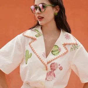 Ladies' Cactus Embroidered Short-Sleeved Shirt Casual Floral Print Turn-Down Collar Cotton Blend Top for Women - AliExpress Shirts & Blouses