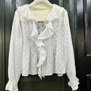 Embroidery Design Women White Shirt 2026 New Ruffles Spliced V-Neck Flare Sleeve Single Breasted Casual Female Blouse Top - AliExpress Shirts & Blouses