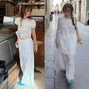 Fletta 2026 New Style Women's Lace Trim Bubble Sleeve Short Sleeve Shirt Straight Leg Pants Set Commute Korean Style Cotton B... - AliExpress Shirts & Blouses
