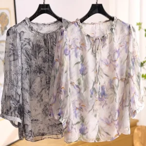 Elegant Chinese Iris Silk Shirt with Floral Print Medium Sleeve Straight Cut French Style Women's Premium Fashion Top - AliExpress Shirts & Blouses