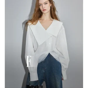 Elle White Asymmetrical Large Collar Shirt Women's Simple Design Sensation Autumn New Style Loose Fit Long Sleeve Button up - AliExpress Shirts & Blouses