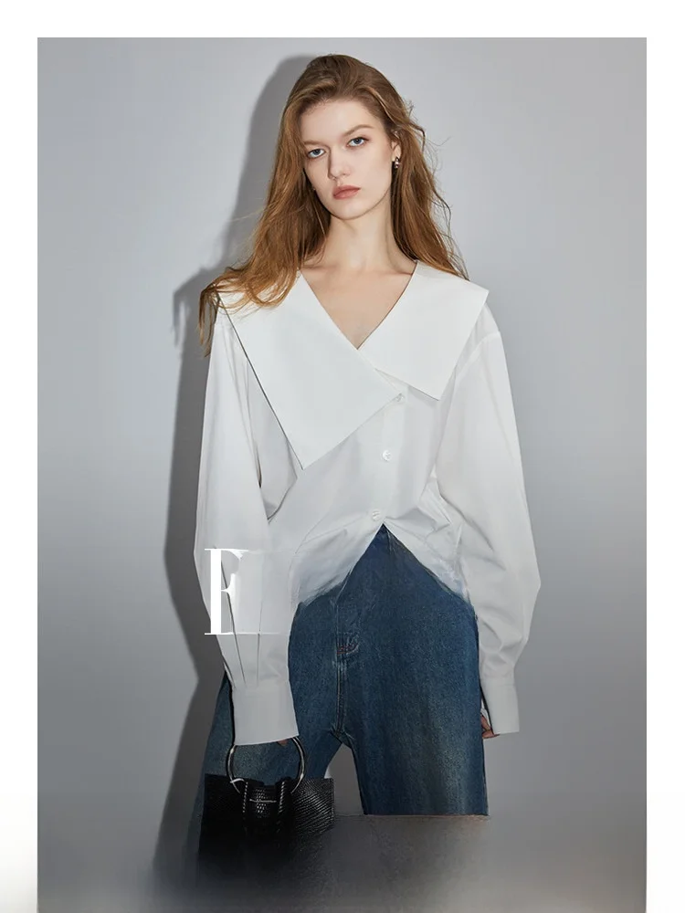 Elle White Asymmetrical Large Collar Shirt Women's Simple Design Sensation Autumn New Style Loose Fit Long Sleeve Button up - AliExpress Shirts & Blouses
