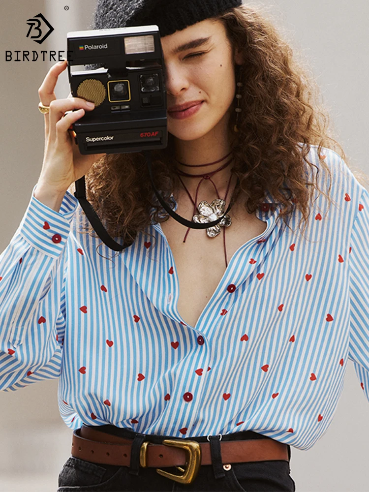 BirdTree 16MM 100%Real Silk Elegant Shirt,Women Retro Stripe Print,Long Sleeve Loose Commute Blouse,2026 Spring New T42123QD - AliExpress Shirts & Blouses