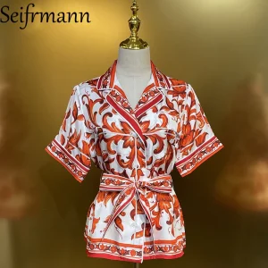 Seifrmann Casual printed silk lace-up top lapel short-sleeved shirt 2026 summer fashion women's new style - AliExpress Shirts & Blouses