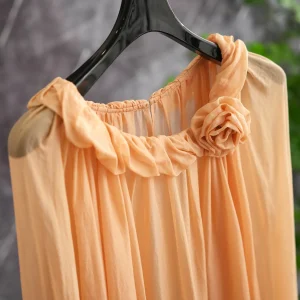 Elegant Long Sleeve Shirt in Amber Color with Fluffy Flower Collar And 3D Decorations Original Design Loose Fit Women's Top - AliExpress Shirts & Blouses