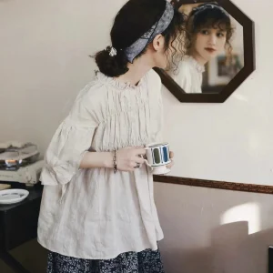 Sweet Japanese Style Pleated Cotton Linen Doll Shirt Women's Loose Summer Top round Neck Long Sleeve Pure Color Artistic - AliExpress Shirts & Blouses