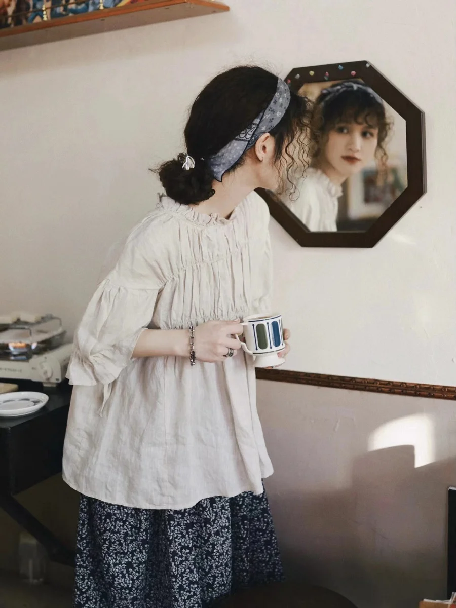 Sweet Japanese Style Pleated Cotton Linen Doll Shirt Women's Loose Summer Top round Neck Long Sleeve Pure Color Artistic - AliExpress Shirts & Blouses