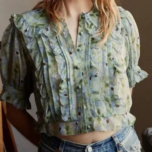 Women Retro Green Shirt Flower Print Ruffles Spliced Peter Pan Collar Puff Sleeve Vintage Female Blouse Top - AliExpress Shirts & Blouses