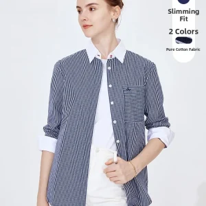 Navigare Women's Long Sleeve Striped Shirt Pure Cotton Wide Fit Base Layer Top OL Style Commute Fashion Straight Tube Dress - AliExpress Shirts & Blouses