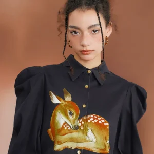 Spring Autumn Original Design Women Vintage Exquisite Fawn Deer Print Asymmetrical Cotton Shirts/blouses - AliExpress Shirts & Blouses