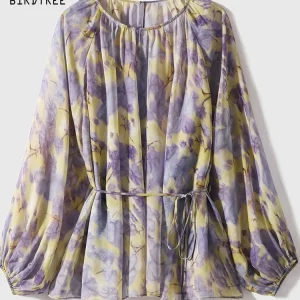 BirdTree-100%Real Silk Elegant Shirt, Long Sleeve Print, Women Beach Vacation 2-piece Set Loose Blouse, 2026 Spring New T63134CC - AliExpress Shirts & Blouses